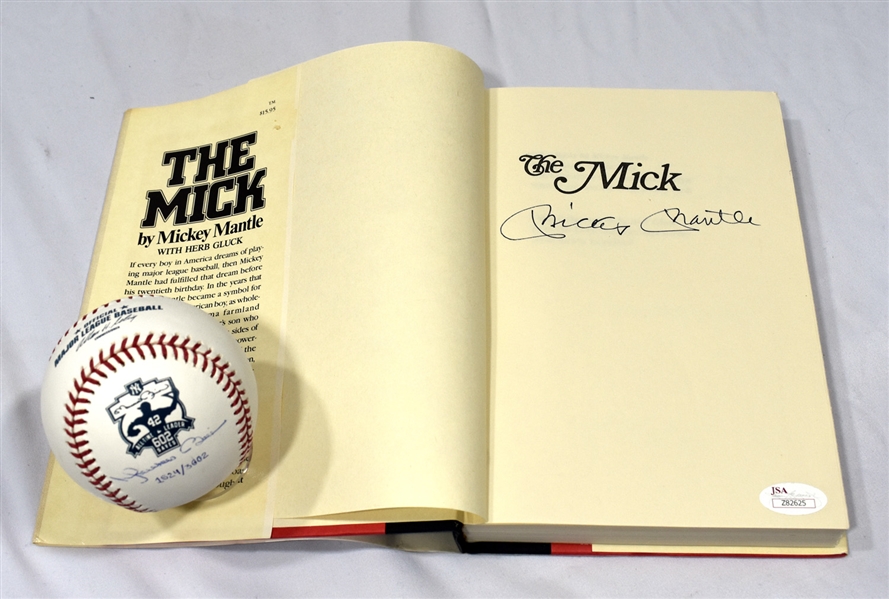 MICKEY MANTLE SIGNED 1985 "THE MICK" FIRST EDITION HARDCOVER PLUS MARIANO RIVERA SINGLE SIGNED 602 SAVES LOGO BASEBALL (STEINER)