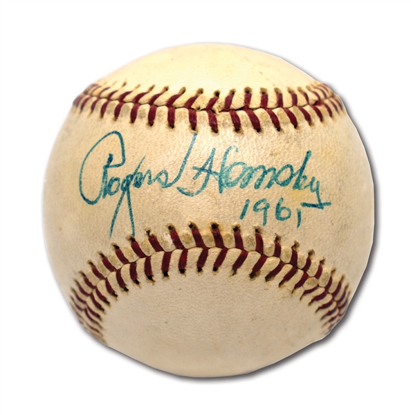 1961 ROGERS HORNSBY SINGLE SIGNED & DATED OAL (CRONIN) BASEBALL - ONE OF FINEST KNOWN EXAMPLES