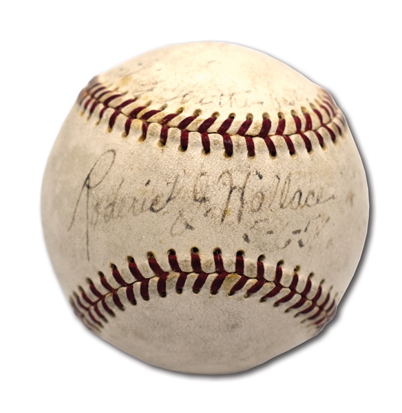 1958 RODERICK [BOBBY] WALLACE SINGLE SIGNED, DATED & INSCRIBED ONL (GILES) BASEBALL - ONE OF FINEST KNOWN EXAMPLES