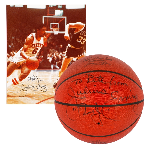 JULIUS ERVING SIGNED OFFICIAL NBA BASKETBALL AND 76ERS PLAYER PHOTO BOTH INSCRIBED "TO PETE"