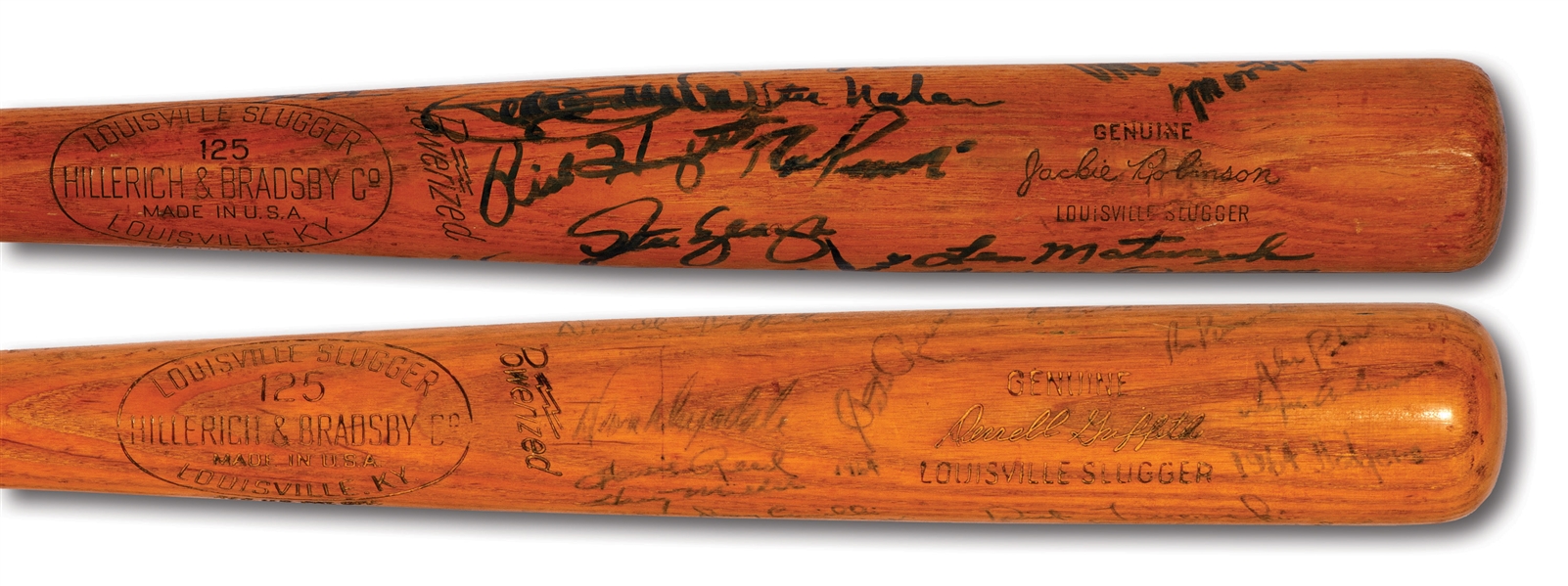 PAIR OF L.A. DODGERS TEAM SIGNED BATS: 1964 DERRELL GRIFFITH GAME USED H&B PRO MODEL AND 1980S JACKIE ROBINSON H&B STORE MODEL