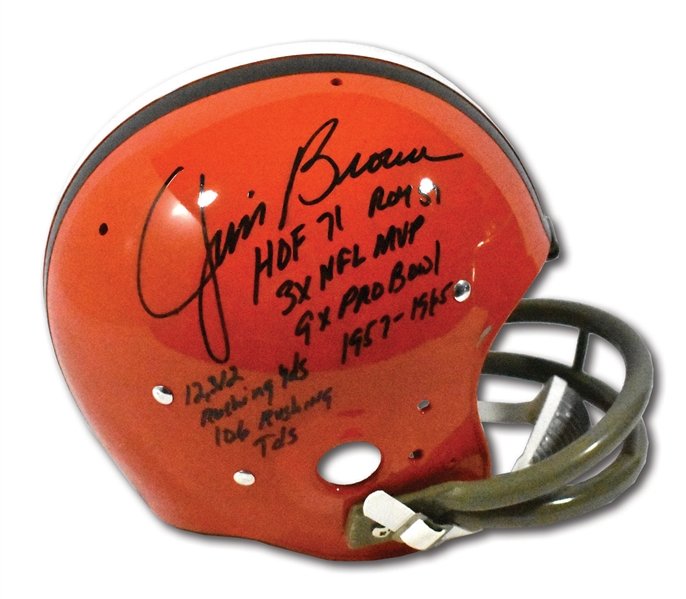 JIM BROWN BOLDLY AUTOGRAPHED CLEVELAND BROWNS THROWBACK HELMET WITH SIX STATS INSCRIPTIONS (STEINER COA)