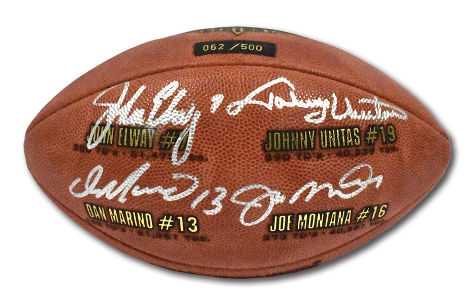 JOHNNY UNITAS, JOE MONTANA, JOHN ELWAY AND DAN MARINO MULTI-SIGNED "QUARTERBACKS OF THE CENTURY" LIMITED EDITION WILSON NFL FOOTBALL