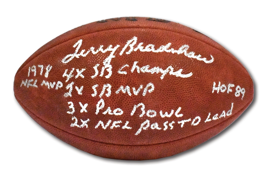 TERRY BRADSHAW BOLDLY AUTOGRAPHED OFFICIAL NFL (ROZELLE) FOOTBALL WITH SIX STATS INSCRIPTIONS