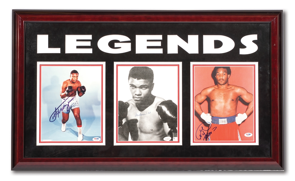 MUHAMMAD ALI, JOE FRAZIER AND GEORGE FOREMAN "LEGENDS" TRIO OF SIGNED PHOTOGRAPHS IN LOVELY DISPLAY