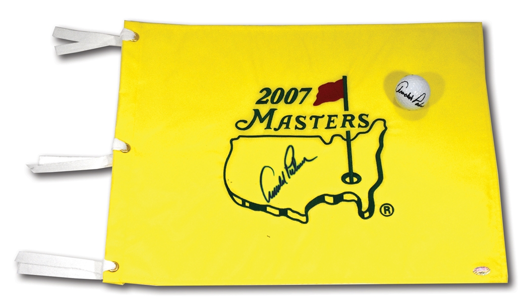 ARNOLD PALMER AUTOGRAPHED 2007 MASTERS PIN FLAG AND SINGLE SIGNED GOLF BALL