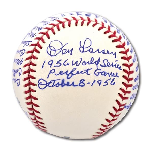 DON LARSEN SINGLE SIGNED & INSCRIBED OML BASEBALL INSCRIBED "WORLD SERIES PERFECT GAME OCTOBER 8 - 1956" W/ YANKEES & DODGERS BOX SCORES
