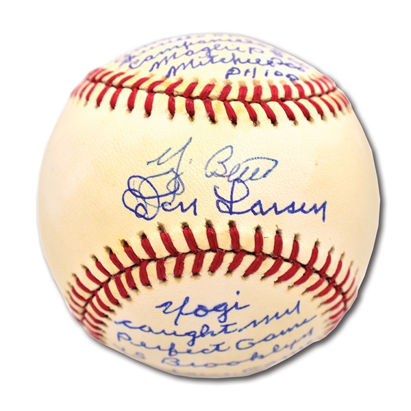 DON LARSEN AND YOGI BERRA DUAL-SIGNED OAL (BROWN) BASEBALL INSCRIBED WITH BROOKLYNS BOX SCORE FROM 10/8/1956 PERFECT GAME