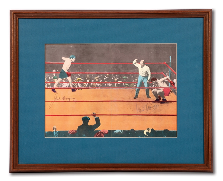 JACK DEMPSEY AND GENE TUNNEY DUAL-SIGNED VINTAGE ARTISTIC RENDITION OF THEIR 1927 HEAVYWEIGHT TITLE REMATCH ("THE LONG COUNT FIGHT")