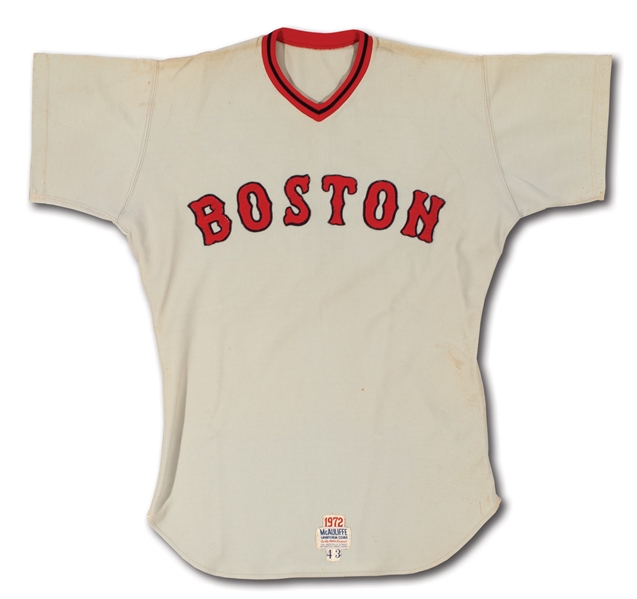 1972 CARLTON FISK BOSTON RED SOX (ROOKIE OF THE YEAR SEASON) GAME WORN ROAD JERSEY (MEARS A10)