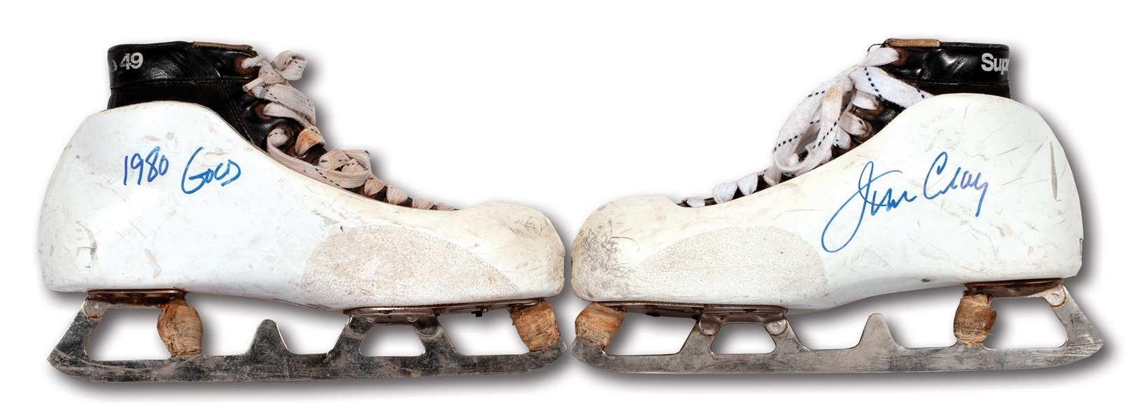 JIM CRAIGS SIGNED & INSCRIBED 1980 OLYMPICS "MIRACLE ON ICE" GOALIE SKATES WORN EVERY GAME OF USAS EPIC GOLD MEDAL RUN IN LAKE PLACID (CRAIG LOA)