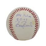 THE BALL HIT BY BARRY BONDS FOR HIS 762nd AND FINAL CAREER HOME RUN (9/5/2007) ESTABLISHING MLBS ALL-TIME RECORD - SIGNED & INSCRIBED BY BONDS WITH IMPECCABLE DOCUMENTATION!