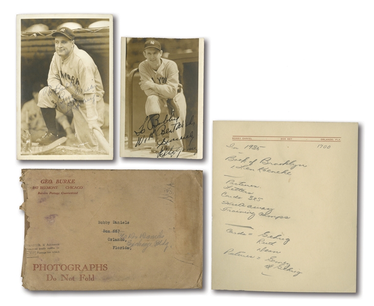 C. 1934 LOU GEHRIG AND LEFTY GOMEZ PAIR OF SINGLE SIGNED & INSCRIBED ORIGINAL GEORGE BURKE PHOTOGRAPHS WITH RECIPIENTS DATED NOTES & GEO. BURKE ENVELOPE