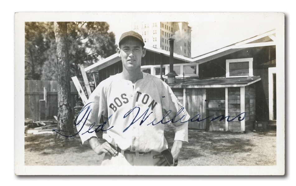 C. 1938-39 TED WILLIAMS AUTOGRAPHED ORIGINAL PHOTOGRAPH FROM SPRING TRAINING BEFORE ROOKIE SEASON - ONE OF HIS EARLIEST SHOTS IN RED SOX UNIFORM!