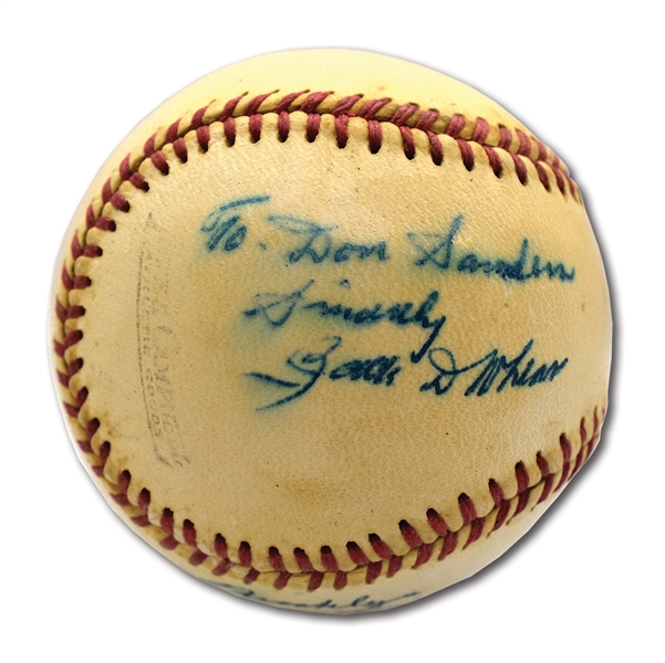 C. 1960S ZACK WHEAT SINGLE SIGNED OFFICAL LEAGUE BASEBALL INSCRIBED "1909 THRU 26 " AND "HALL OF FAME 1959"