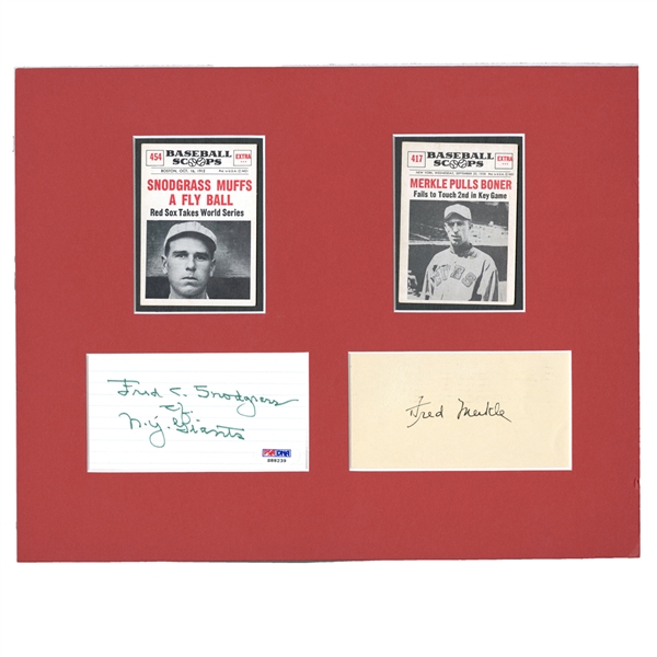 N.Y. GIANTS "GOATS" FRED MERKLE (GPC) & FRED SNODGRASS (3x5) AUTOGRAPH DISPLAY (PSA/DNA AUTH.)