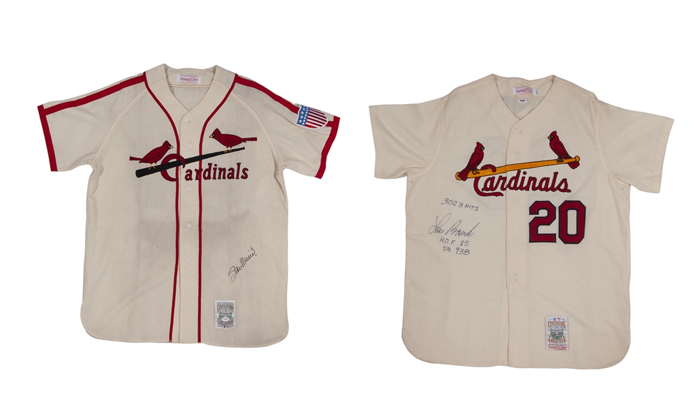 STAN MUSIAL AND LOU BROCK (STATS INSCRIBED) PAIR OF SIGNED ST. LOUIS CARDINALS MITCHELL & NESS THROWBACK HOME JERSEYS
