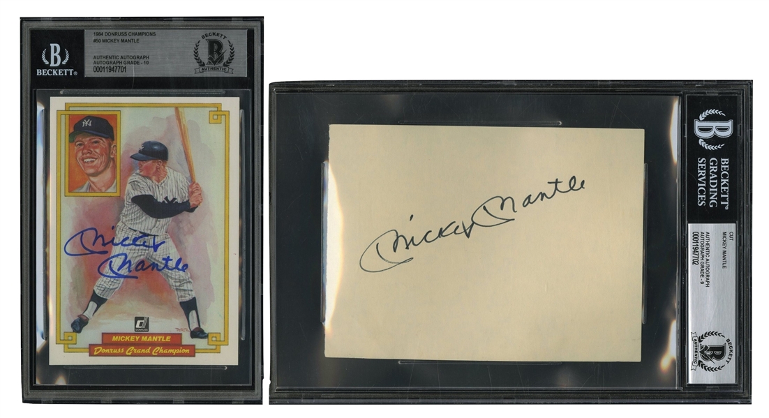 MICKEY MANTLE SIGNED 4x6 INDEX CARD (BECKETT 9 AUTO.) AND AUTOGRAPHED 1984 DONRUSS CHAMPIONS #50 CARD (BECKETT 10 AUTO.)