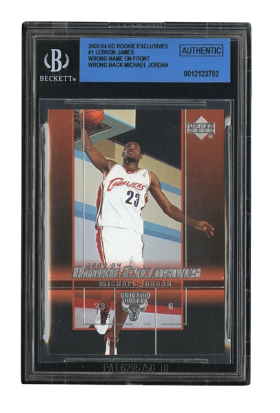 2003-04 UPPER DECK ROOKIE EXCLUSIVES #1 LEBRON JAMES ERROR WITH MICHAEL JORDAN BACK AND NAME ON FRONT - SUPER RARE, A POSSIBLE 1-OF-1 ERROR RC! (BGS AUTHENTIC)