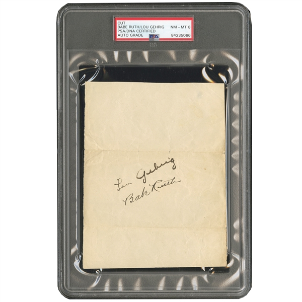 C. MID-LATE 1920S BABE RUTH AND LOU GEHRIG DUAL-SIGNED PAGE (PSA/DNA NM-MT 8)