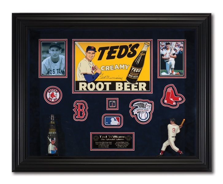 TED WILLIAMS SIGNED TEDS CREAMY ROOT BEER AD (TIN) W/ BOTTLE PLUS ORIGINAL HARTLAND STATUE IN SHADWOBOX DISPLAY