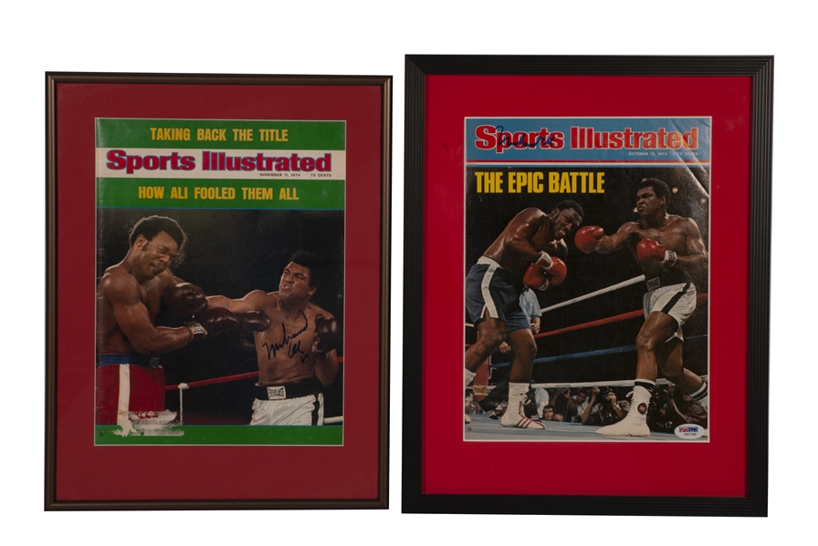 MUHAMMAD ALI PAIR OF SIGNED SI MAGAZINES FRAMED: 11/11/1974 (RUMBLE IN THE JUNGLE) AND 10/13/1975 (FRAZIER III)