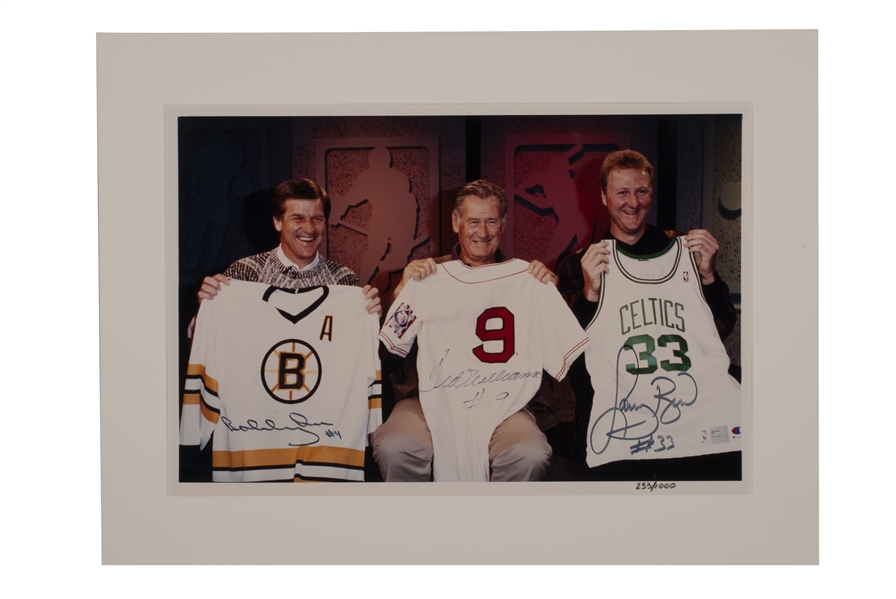 "THE BOYS OF BOSTON" LARGE FORMAT PHOTO SIGNED BY TED WILLIAMS, BOBBY ORR AND LARRY BIRD