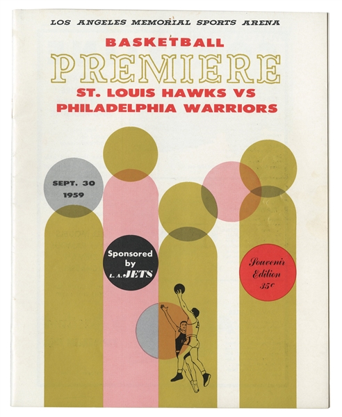 9/30/1959 WILT CHAMBERLAIN NBA DEBUT EXHIBITION GAME PROGRAM (WARRIORS VS. HAWKS AT L.A. SPORTS ARENA) THAT INFLUENCED LAKERS MOVE TO L.A. - WILTS 1ST GAME IN NBA UNIFORM! (1ST EXAMPLE OFFERED)