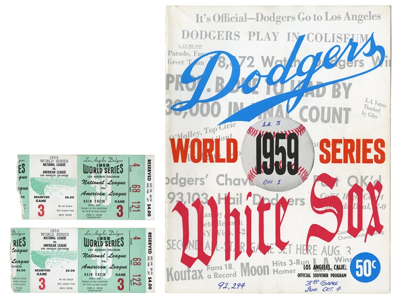 1959 LOS ANGELES DODGERS WORLD SERIES LOT OF (3) PROGRAMS AND (5) TICKETS TO GAMES THREE, FOUR AND FIVE