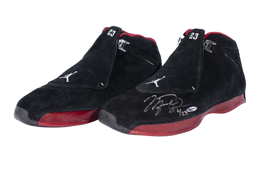 MICHAEL JORDAN AUTOGRAPHED JORDAN XVIII SHOES (LE #6/23) WITH ONE SHOE SIGNED BY SCOTTIE PIPPEN - ONLY KNOWN PAIR OF ITS KIND! (UDA)