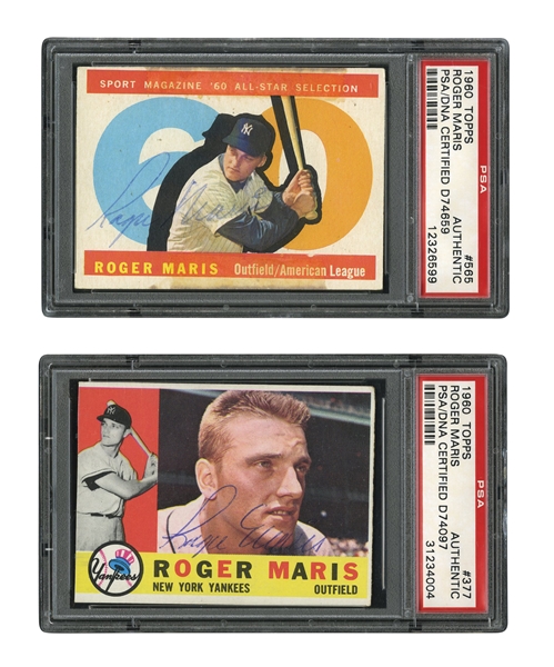 ROGER MARIS (N.Y. YANKEES) SIGNED PAIR OF 1960 TOPPS #377 AND #565 ALL-STAR CARDS (BOTH PSA/DNA AUTH.)