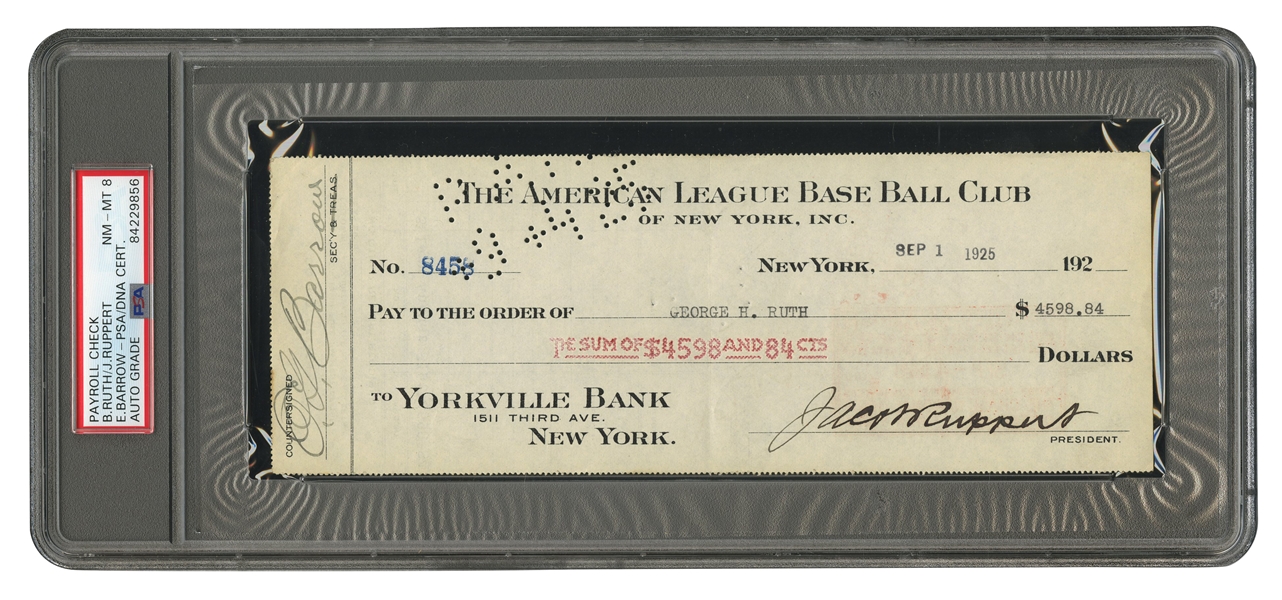 9/1/1925 BABE RUTH AUTOGRAPHED NEW YORK YANKEES PAYROLL CHECK ALSO SIGNED BY RUPPERT & BARROW (PSA/DNA NM-MT 8)
