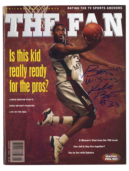 KOBE BRYANT (LOWER MERION H.S. ERA) PERFECTLY SIGNED & INSCRIBED JAN. 1996 ISSUE OF THE FAN MAGAZINE - PSA/DNA GEM MINT 10 AUTO. (TIM GALLAGHER COLLECTION)