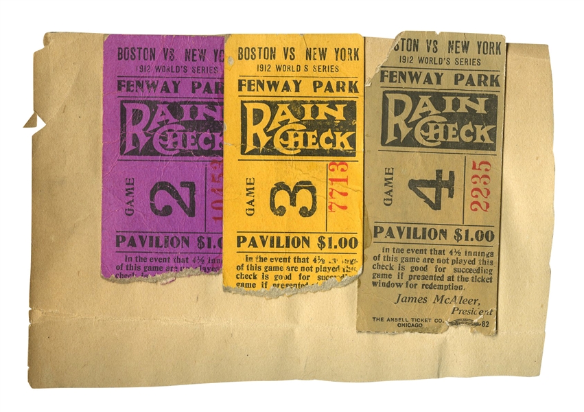 1912 WORLD SERIES TRIO OF TICKET STUBS (GAMES 2, 3 & 4) - BOSTON RED SOX BEAT N.Y. GIANTS IN 8 GAMES (FENWAY PARKS OPENING SEASON)