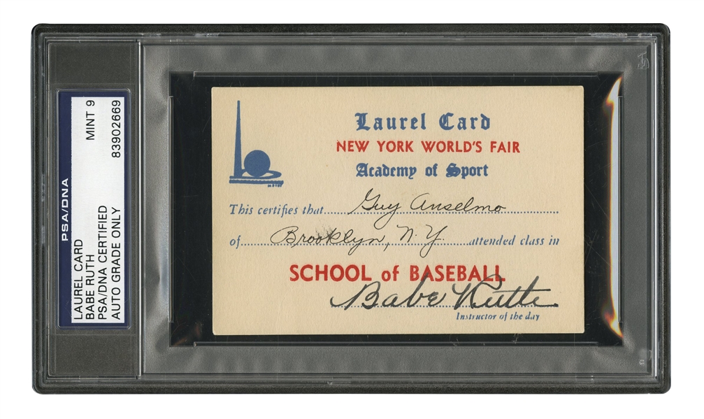 1939 BABE RUTH AUTOGRAPHED NEW YORK WORLDS FAIR LAUREL CARD - PSA/DNA MINT 9