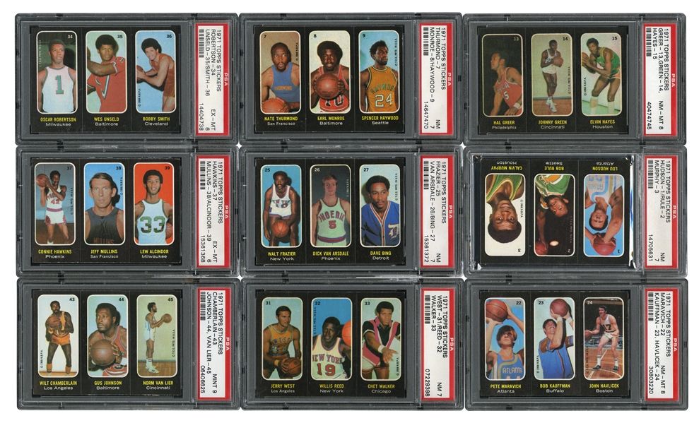1971-72 TOPPS BASKETBALL STICKER TRIOS PSA GRADED COMPLETE SET WITH #43 CHAMBERLAIN PSA MINT 9 (NONE HIGHER)
