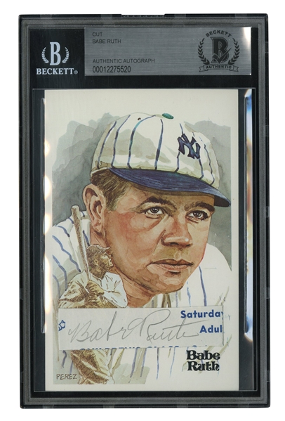 BABE RUTH CUT SIGNATURE UNIQUELY DISPLAYED ON 1980 PEREZ-STEELE ART POSTCARD - BECKETT AUTHENTIC