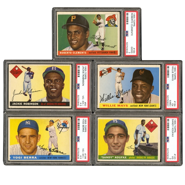 1955 TOPPS BASEBALL COMPLETE SET W/SEVERAL AUTOGRAPHED COMMONS AND (5) GRADED CARDS INCL. #50 JACKIE ROBINSON PSA VG-EX+ 4.5