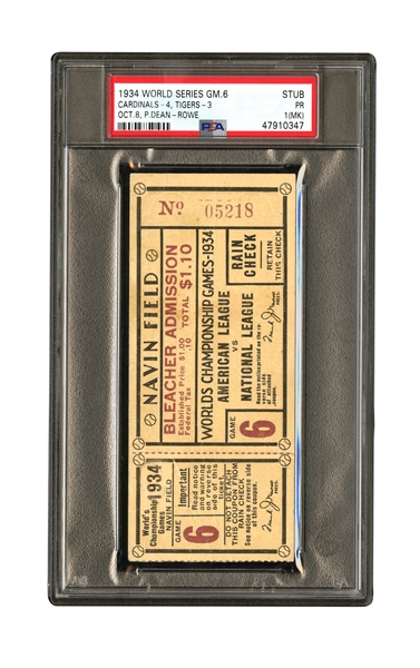 OCTOBER 8, 1934 WORLD SERIES (DETROIT TIGERS - ST. LOUIS CARDINALS) GAME 6 TICKET STUB - PSA PR 1 (MK)