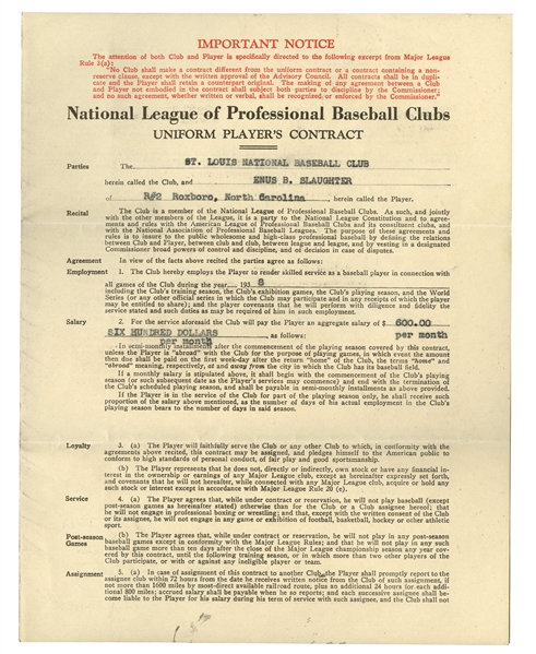 1938 ENOS SLAUGHTER SIGNED ROOKIE CONTRACT (ENOS SLAUGHTER COLLECTION) (SLAUGHTER FAMILY LETTER OF PROVENANCE & BECKETT LOA)