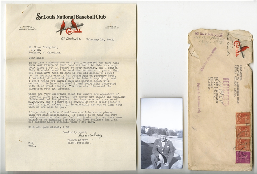 1942 BRANCH RICKEY WRITTEN AND SIGNED WARTIME LETTER WITH GREAT CONTRACT CONTENT TO ENOS SLAUGHTER - BECKETT LOA