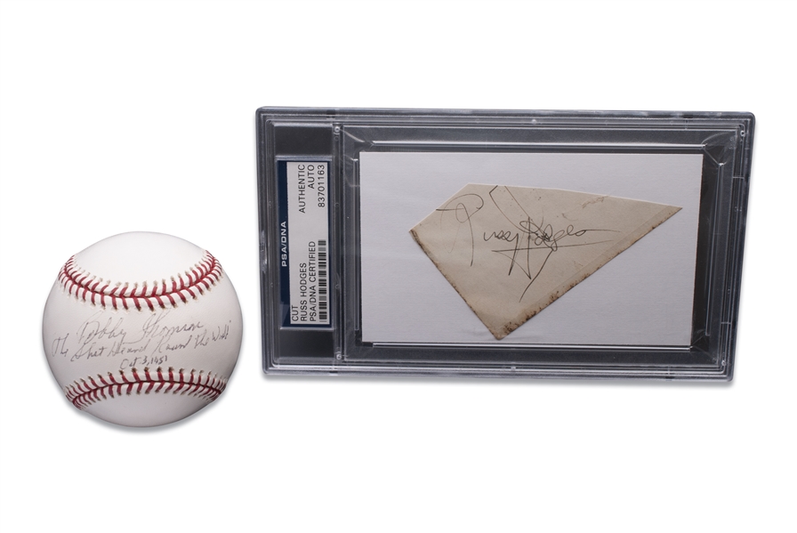 BOBBY THOMSON SIGNED AND INSCRIBED OML (SELIG) AND RUSS HODGES CUT SIGNATURE (PSA/DNA HODGES & JSA COA THOMSON)
