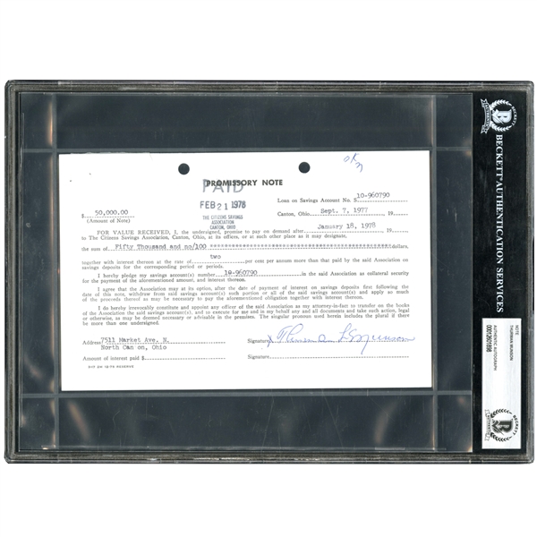 1978 PROMISSORY NOTE AUTOGRAPHED BY THURMAN MUNSON (BECKETT ENCAPSULATED)