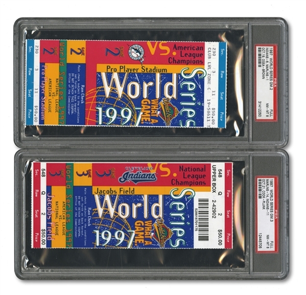 1997 WORLD SERIES (MARLINS OVER INDIANS) PAIR OF FULL TICKETS - GAME 2 @ FLA AND GAME 3 @ CLE (BOTH PSA NM-MT 8)