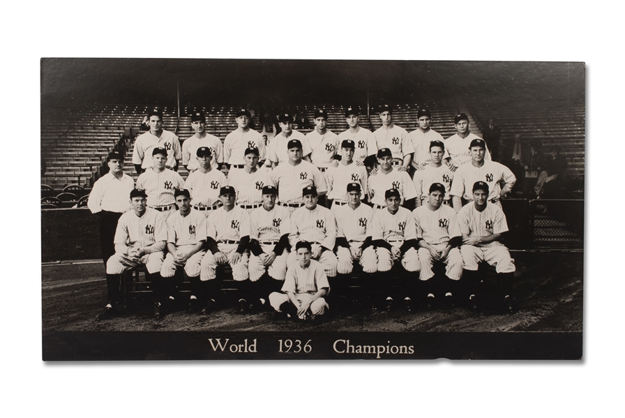 1936 NEW YORK YANKEES WORLD CHAMPIONS LARGE-FORMAT TEAM PHOTOGRAPH WITH LOU GEHRIG AND JOE DIMAGGIO (ROOKIE) - ORIGINATING FROM YANKEE STADIUM