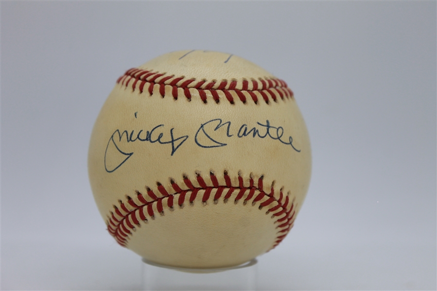 MICKEY MANTLE AND MIKE TROUT DUAL SIGNED OAL (BROWN) BASEBALL - UDA & BECKETT LOA