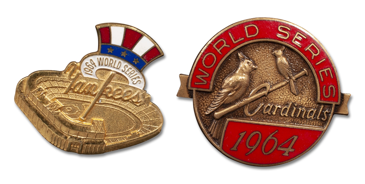 1964 PAIR OF WORLD SERIES PRESS PINS - ONE YANKEES AND ONE CARDINALS