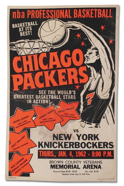 1961-62 CHICAGO PACKERS VS. NY KNICKS BASKETBALL GAME ADVERTISING BROADSIDE IN GREEN BAY, WISCONSIN
