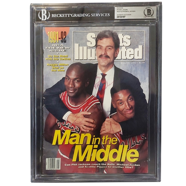 MICHAEL JORDAN, SCOTTIE PIPPEN, & PHIL JACKSON AUTOGRAPHED "MAN IN THE MIDDLE" NOV. 11, 1991 COVER OF SPORTS ILLUSTRATED MAGAZINE (BECKETT ENCAPSULATED)