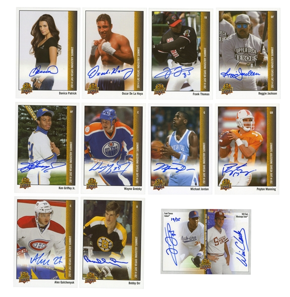 2014 GROUP OF (11) AUTOGRAPHED UPPER DECK LAS VEGAS INDUSTRY SUMMIT 25TH ANNIVERSARY CARDS INCL. MICHAEL JORDAN, PEYTON MANNING AND WAYNE GRETZKY